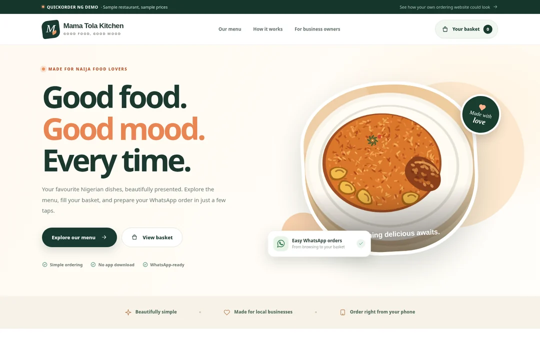 Screenshot of the Mama Tola Kitchen sample restaurant website, showing the food ordering homepage